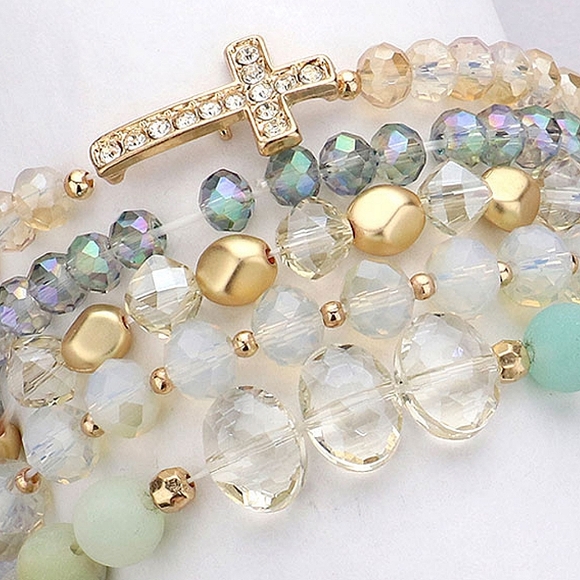 Mint Cross Pendant Beaded 5 Piece Stacked MultiLayered Stretch Bracelets - Picture 3 of 4